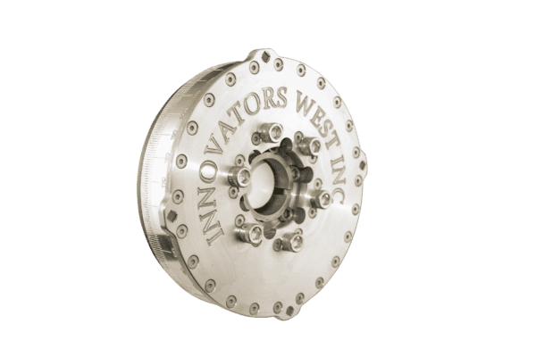 Close-up of the Innovators West Big Block Chevy (BBC) 7″ Harmonic Damper with "INNOVATORS WEST INC" engraved and multiple screw holes, showcasing its central structure against a black background.