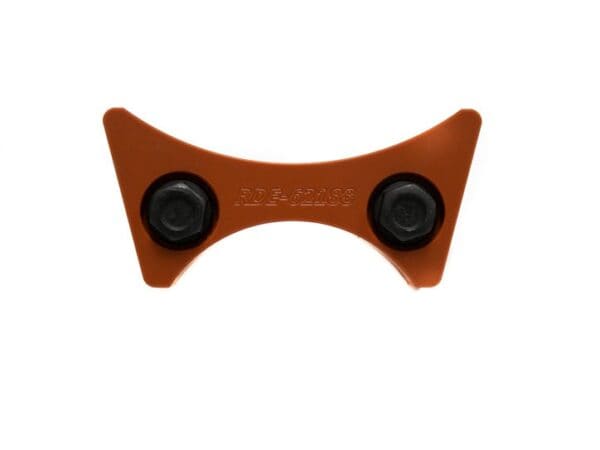 Orange curved metal bracket with two black bolts, labeled "RDE TIMING CHAIN DAMPENER - LS6 - RDE-62188.