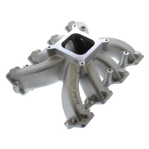 Trick Flow® R-Series Carbureted Intake Manifold for GM LS3 TFS-32600111 features a silver finish with multiple ports branching from a central square opening.