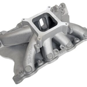 The Trick Flow® Track Heat® Intake Manifolds for Ford Cleveland TFS-51600111 is a metallic engine component with a complex design, featuring multiple openings and a central square inlet.