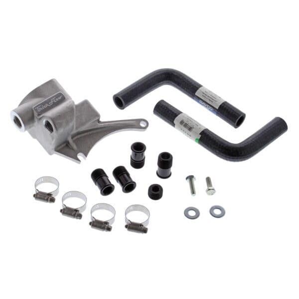 The Trick Flow® Clevor Water Crossover Kit TFS-51600600 includes two black hoses, an aluminum adapter, various black fittings, four metal hose clamps, two screws, and two washers on a white background.