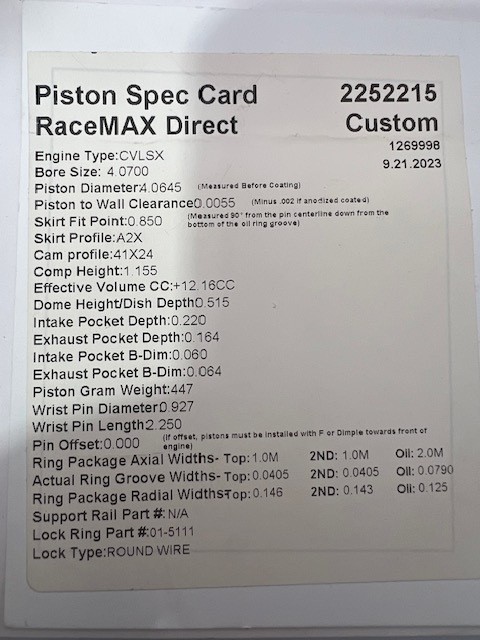 Diamond Racing LS Pistons 4.070″ bore x 1.155″ CH +12.16cc dome Ls Piston Card